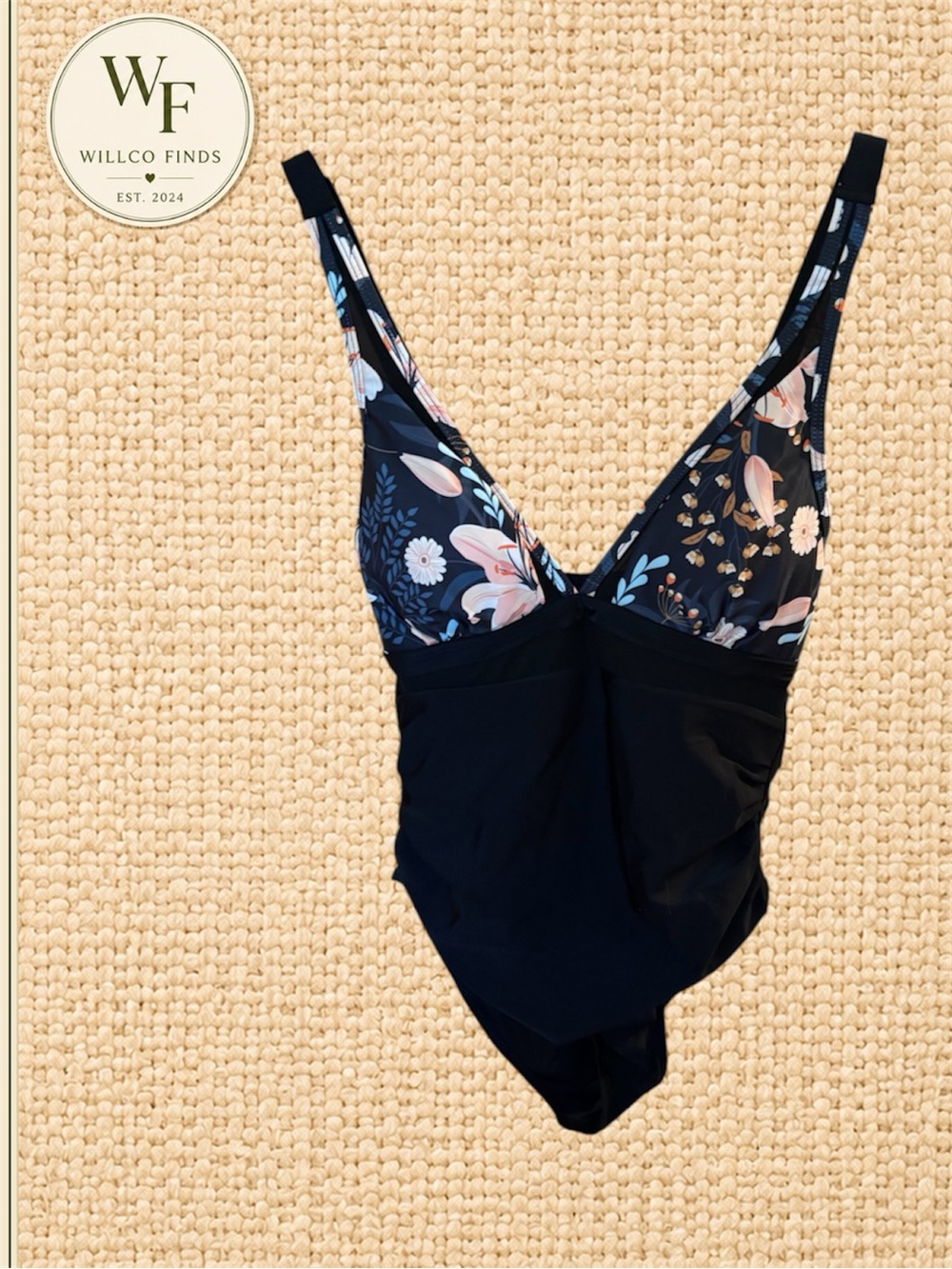 Black Floral One Piece Swimsuit Small Plunge V Neck Ruched Padded